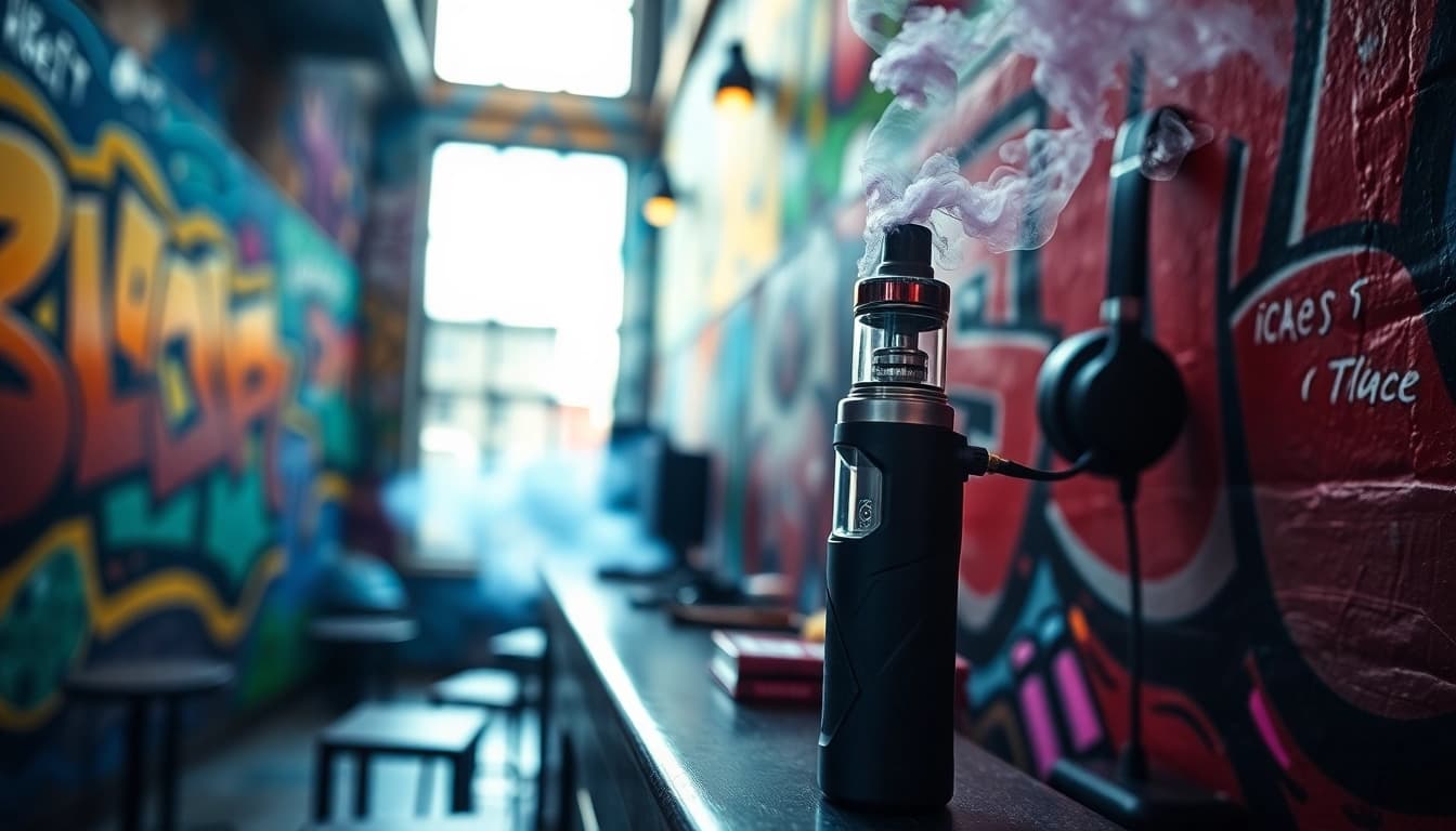 Vaping an esco bar vape surrounded by vibrant graffiti in an urban setting.