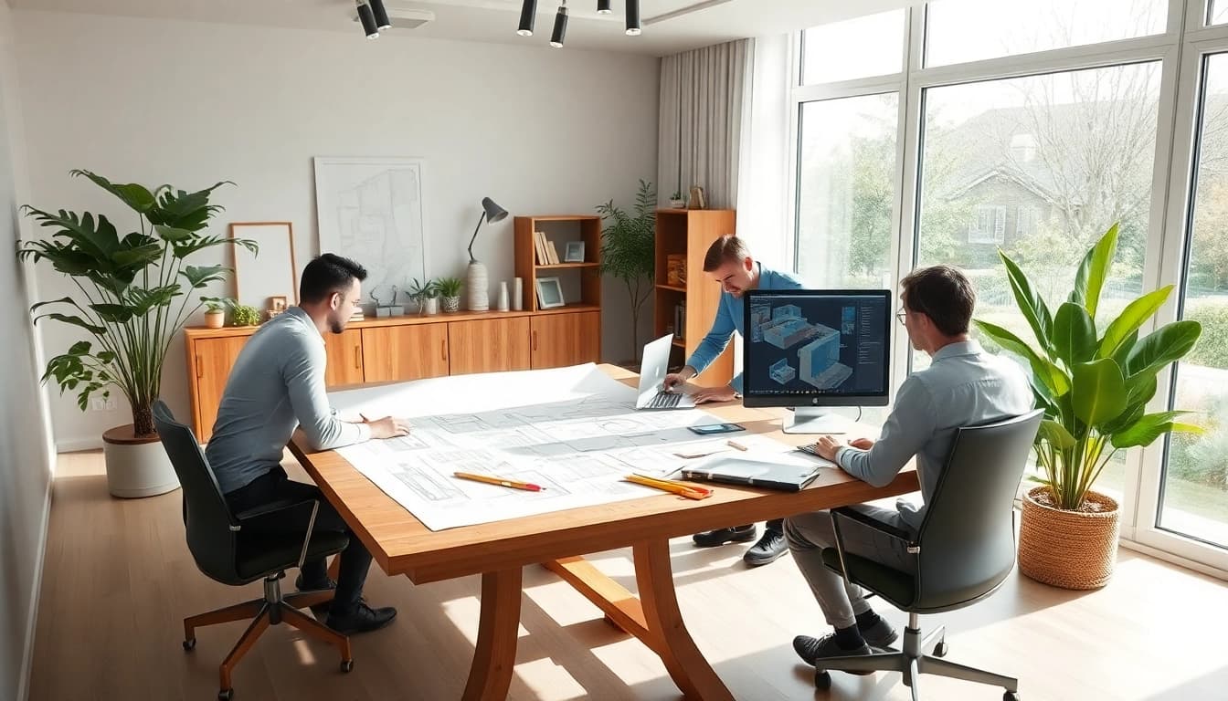 Residential architects for home renovation collaborating in a bright design studio with blueprints.