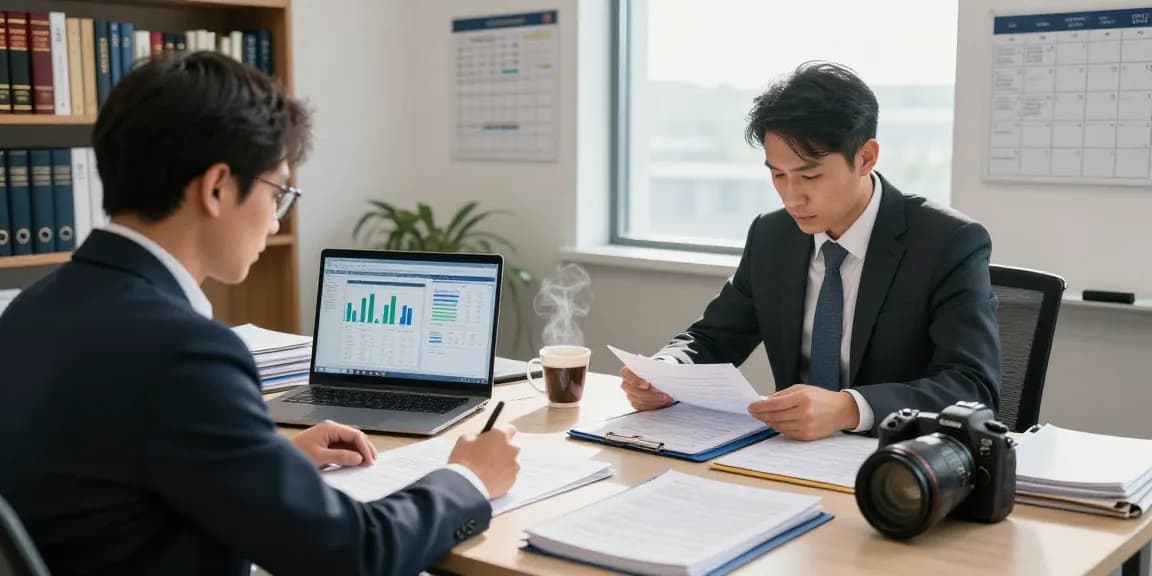 Workspace profesional aafikotabekasi.org untuk auditor forensik dengan dokumen analisis dan teknologi di meja besar.