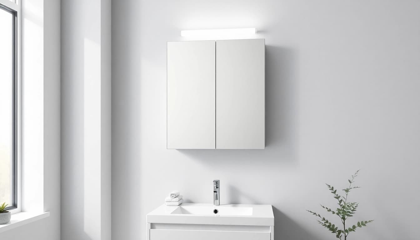 Stylish bathroom cabinet with mirror and light illuminating a modern bathroom space.