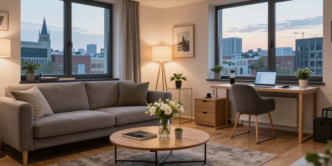 Monteurzimmer mieten hannover in einem gemütlichen, modernen Apartment mit Stadtblick und Arbeitsbereich.