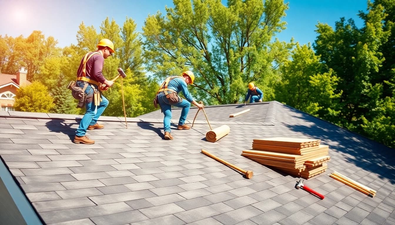 Team showcasing Professional roofing services with skilled roofers working on a residential roof installation.