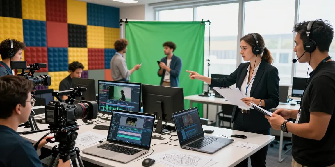 Engaging corporate video production scene with diverse team creating high-quality content, showcasing collaboration and creativity.