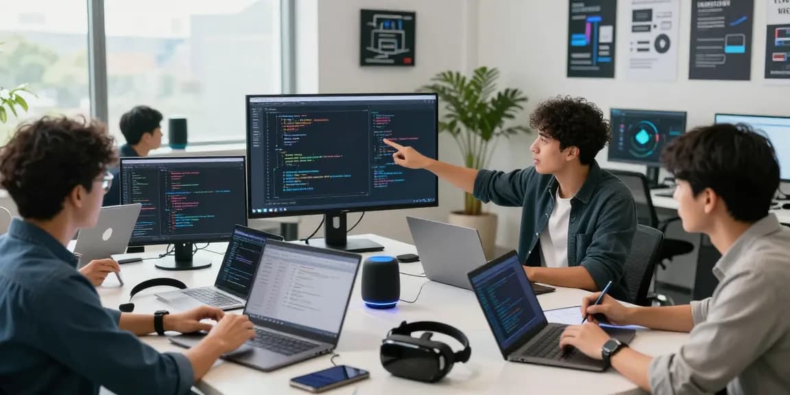 Collaboration in an innovative crushon ai workspace with engineers discussing software solutions.