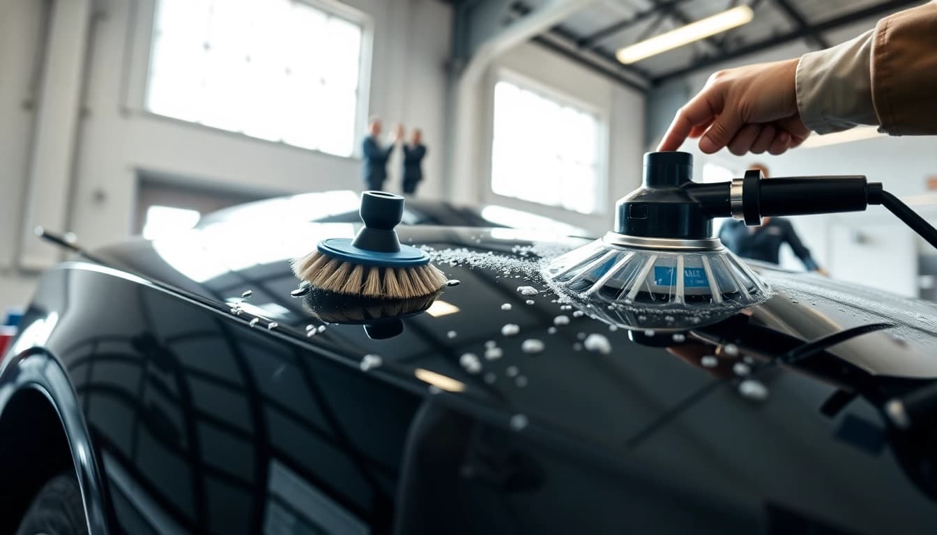 Expert auto detailing Cleveland TN with a professional workspace focused on car cleaning and polish tools.