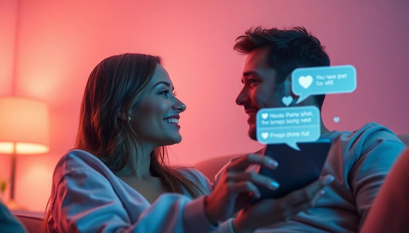 Engaging visual of a user interacting with an AI chatbot for sex ai chat, showcasing a warm atmosphere with playful digital elements.