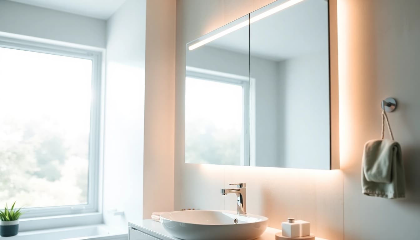 Erleben Sie eleganten spiegelschrank led mit integrierter Beleuchtung im modernen Badezimmer.