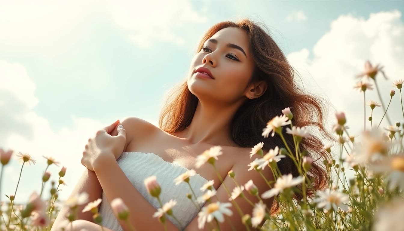 Capture light & airy photography beautifully showcasing a model in a floral outdoor setting.