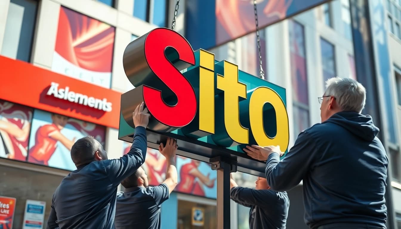 Skilled team performing sign installation on a vibrant storefront with natural lighting.