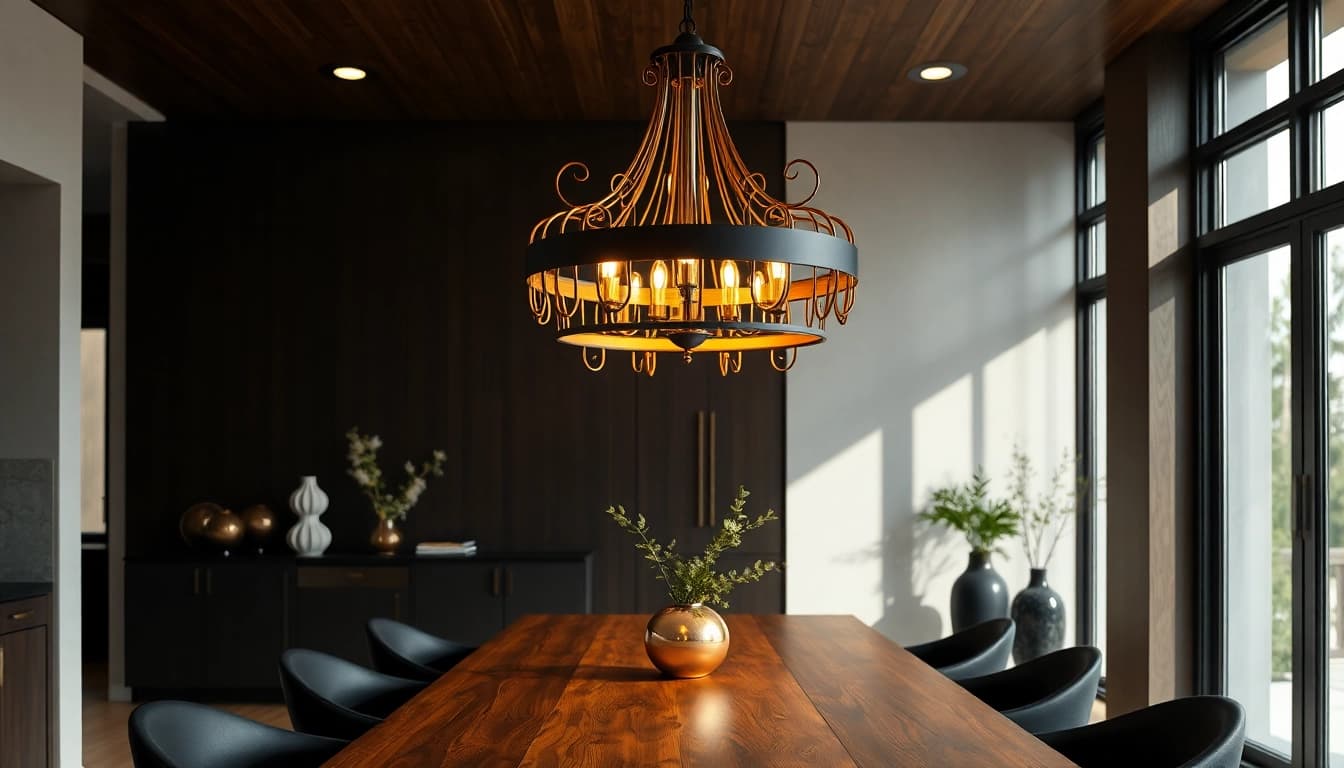 Stylish black and gold light fixture illuminating a modern dining room.