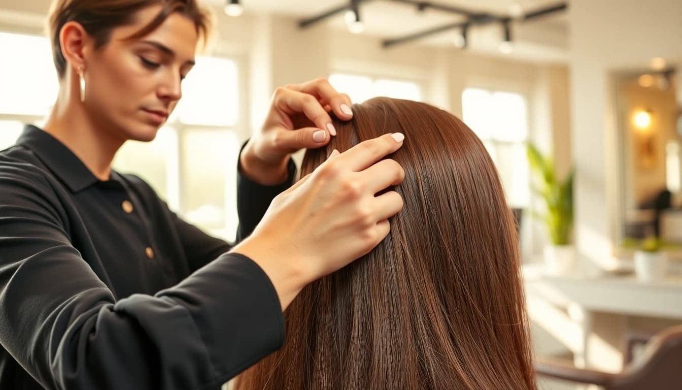 Stylist expertly installing genius weft hair extensions for a seamless look and vibrant hair.