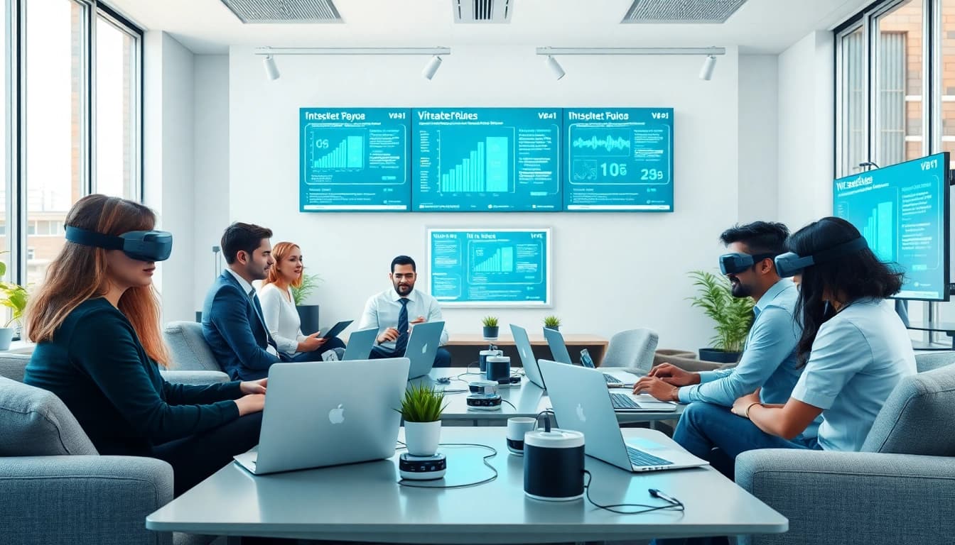 IT professionals collaborating in a modern office on Virtual Desktop Infrastructure (VDI) setups.