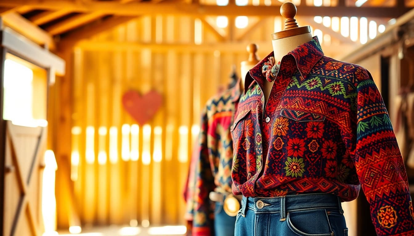 Showcase of Aztec Print Western Wear featuring vibrant patterns and rustic wood textures.