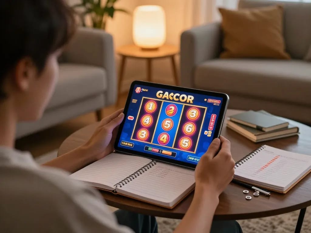 Bermain slot gacor di tablet dalam suasana rumah yang nyaman, menunjukkan permainan yang bertanggung jawab.