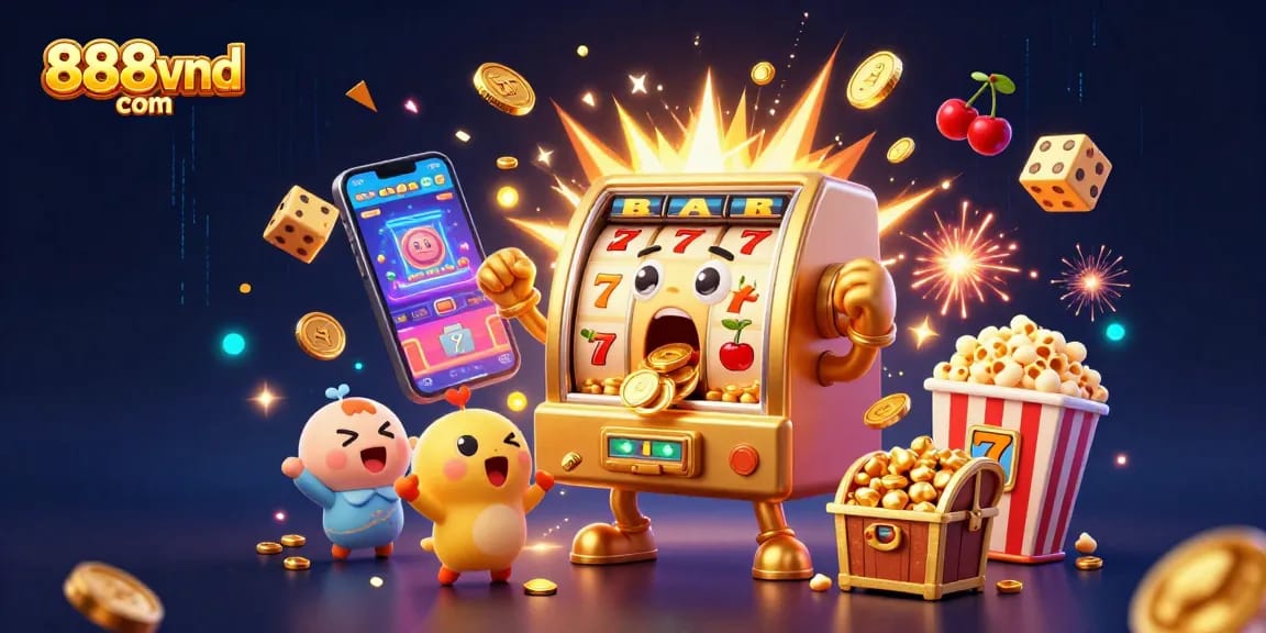 Celebrate jackpots with 888vnd com as the golden slot machine pours coins, surrounded by casino excitement!
