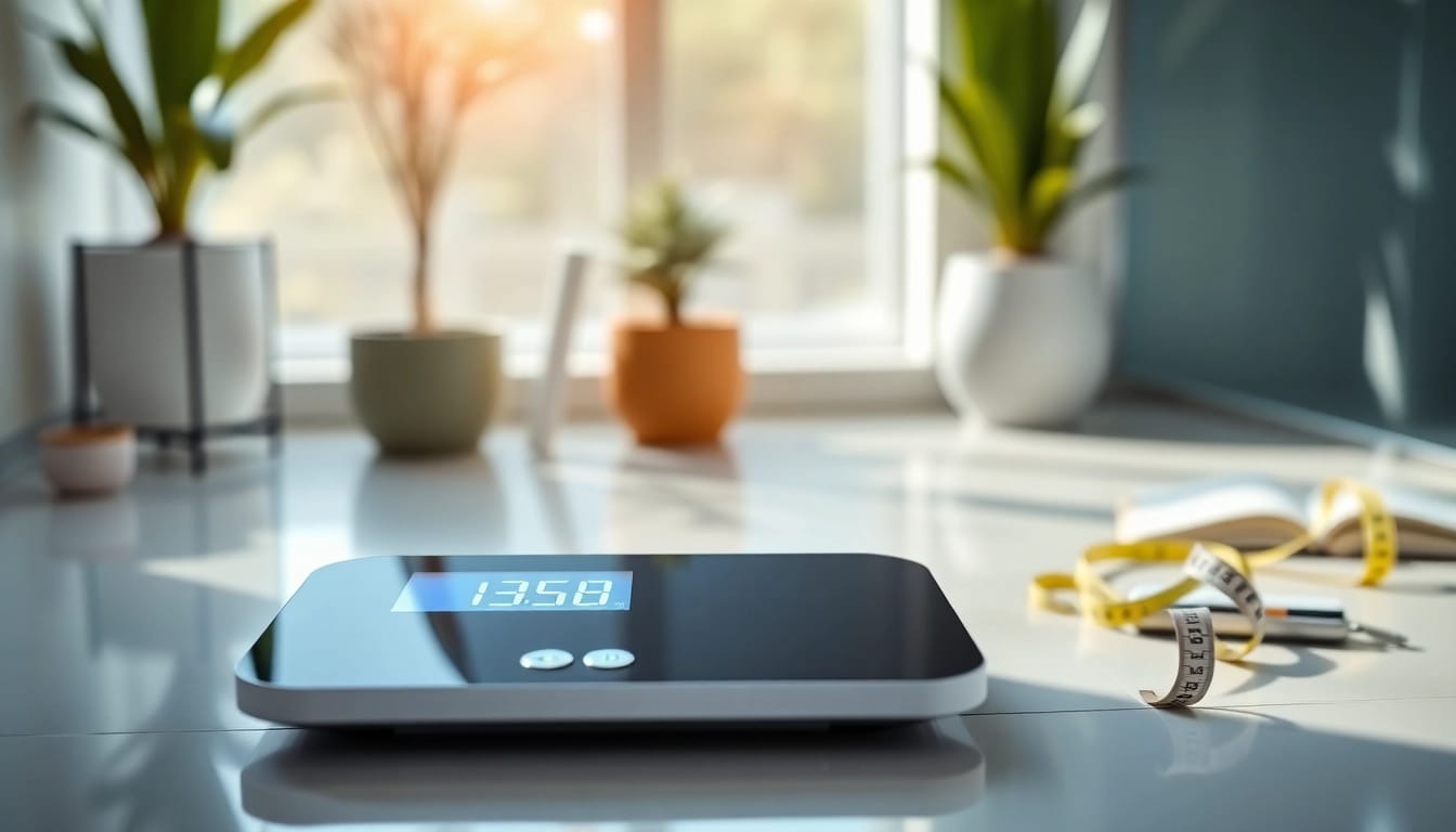 Calculate your ideal weight calculator using a digital scale in a bright bathroom for health insights.