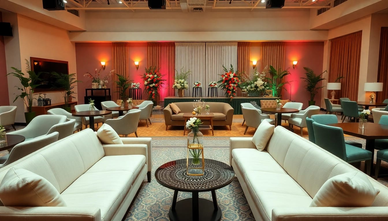 Showcasing Event Furniture Rentals with elegant tables and seating in a stunning setup.