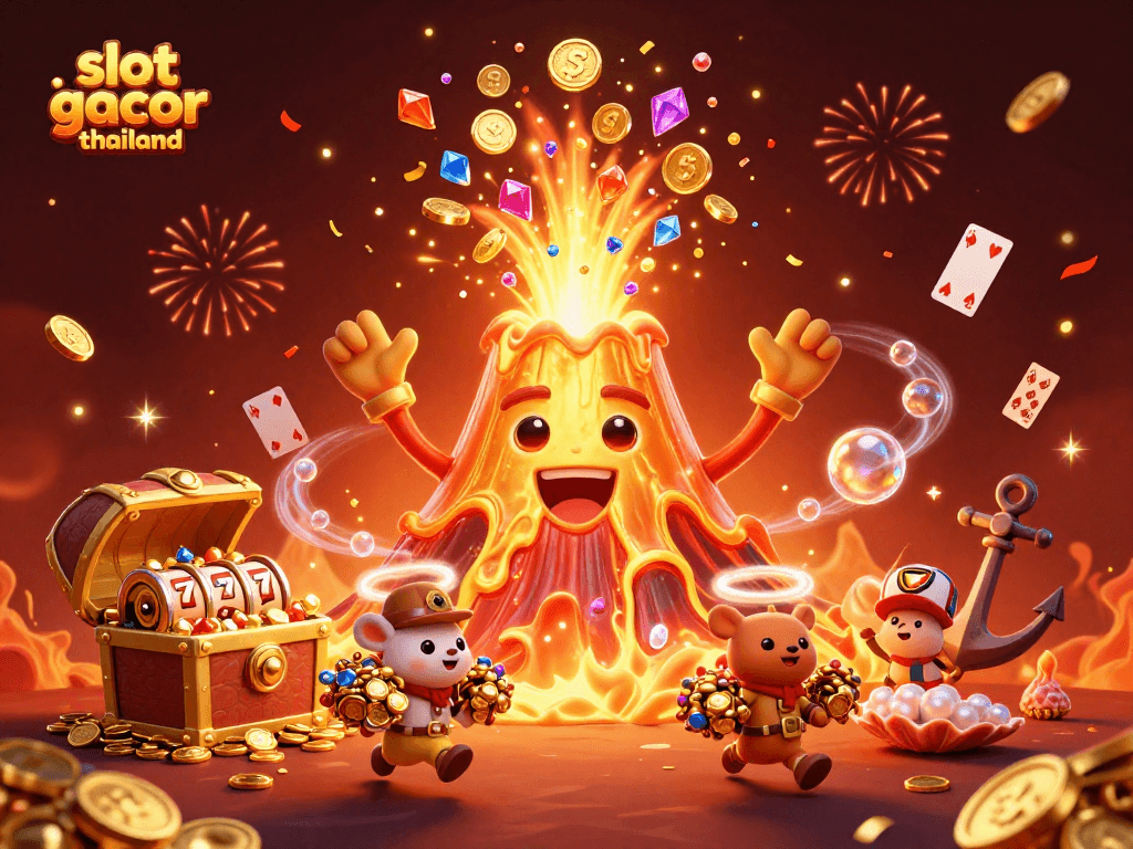 Engage with slot gacor thailand through an exciting 3D volcano scene filled with treasure and gaming elements.