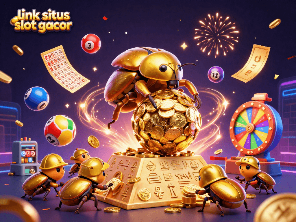 Menggulung emas di link situs slot gacor yang bersinar, dengan simbol kasino dan bola lotere yang berwarna-warni.