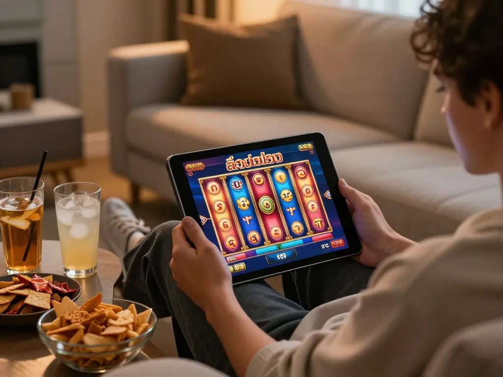 Engaging gaming moment with สล็อตวอเลท on a tablet, showcasing cozy home entertainment.