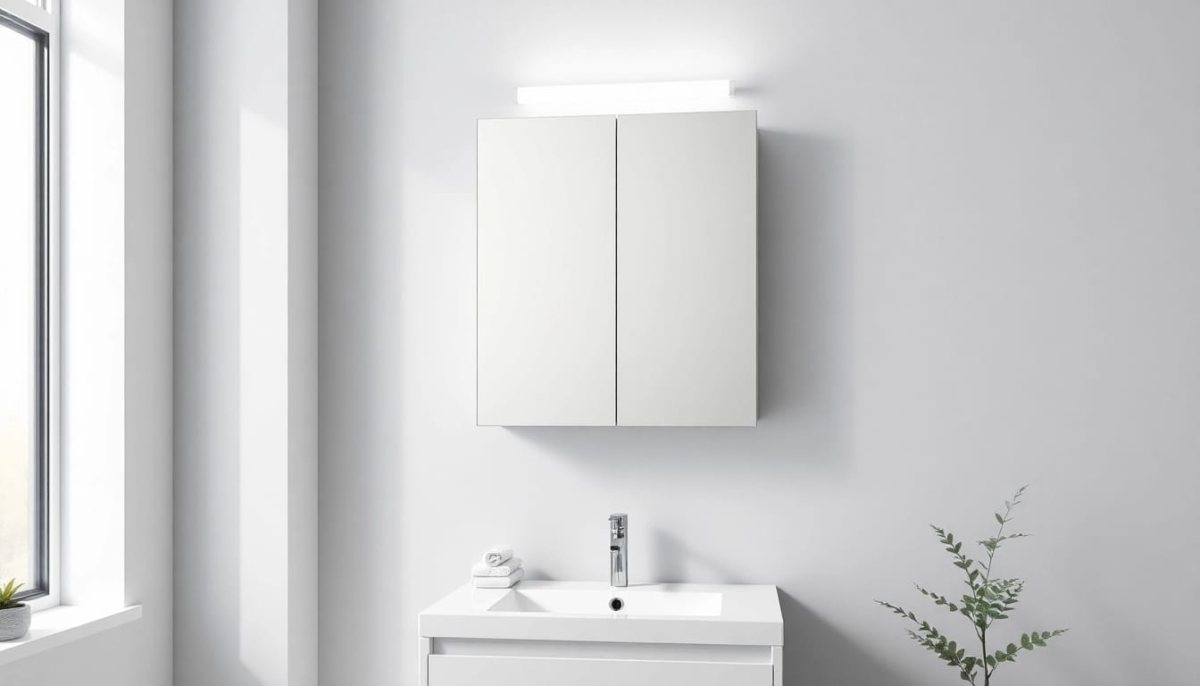 Stylish bathroom cabinet with mirror and light illuminating a modern bathroom space.