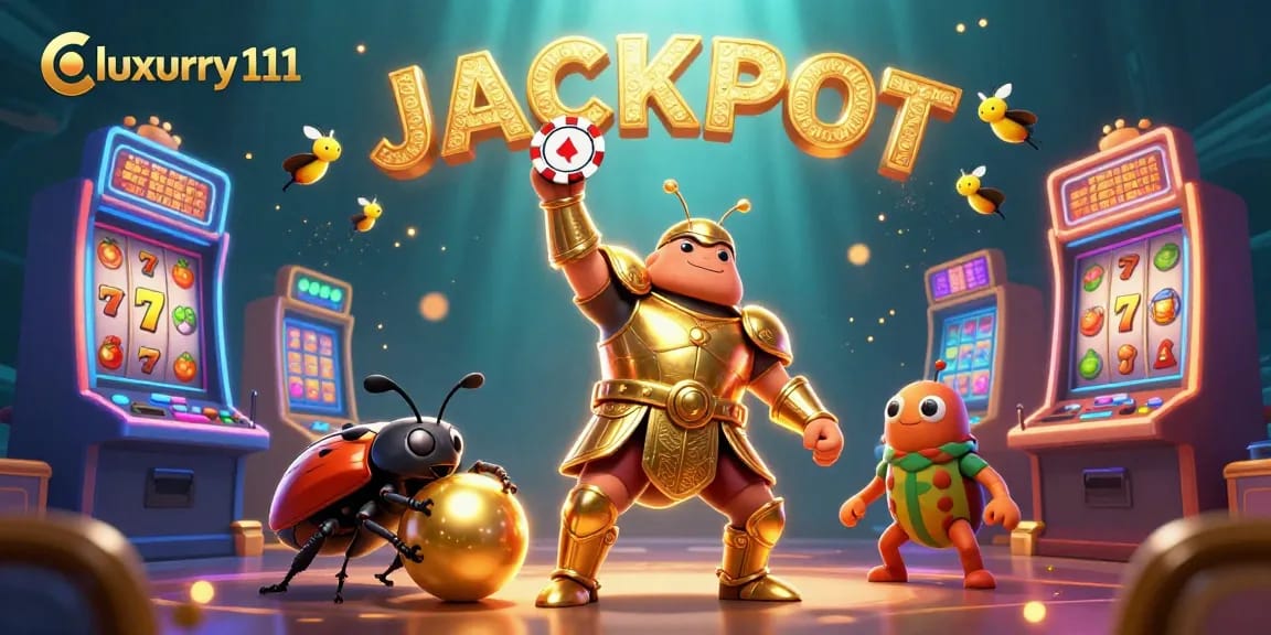 Engage with thrilling games at luxury111, watching a hercules beetle celebrating a jackpot win amidst colorful slot machines.