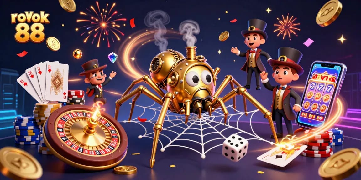 Experience thrilling wins with rokok 88 as a steampunk spider weaves a golden web of gambling fortunes.