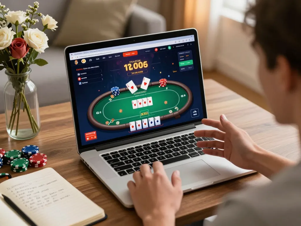 Engaging in a poker game on a laptop at home, showcasing the hidden wiki 2026 in the interface.