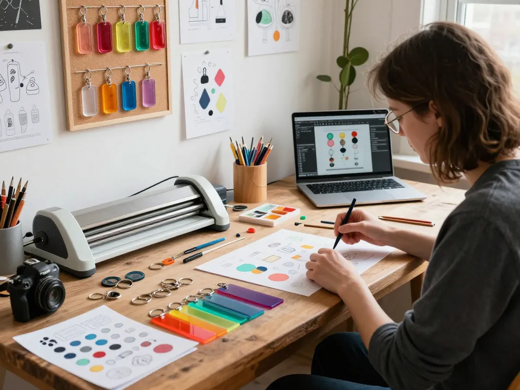 Artist at work as an acrylic keychain maker, designing vibrant custom keychains in a cozy creative studio.