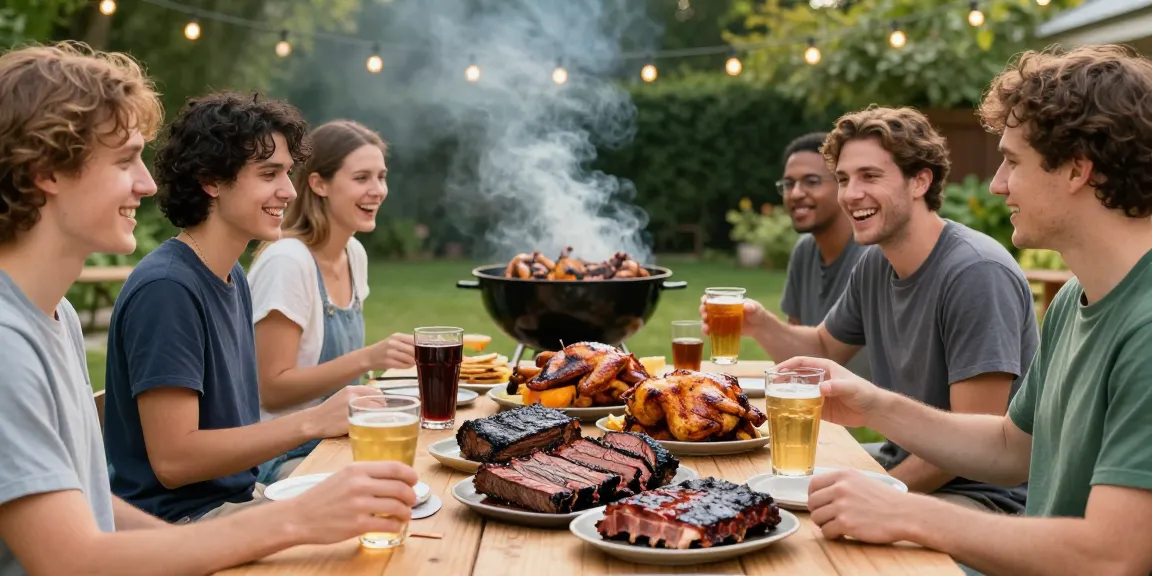 Delicious smoked meats from https://moessmokeshopct.com enjoyed at a summer BBQ gathering, featuring brisket, chicken, and ribs.