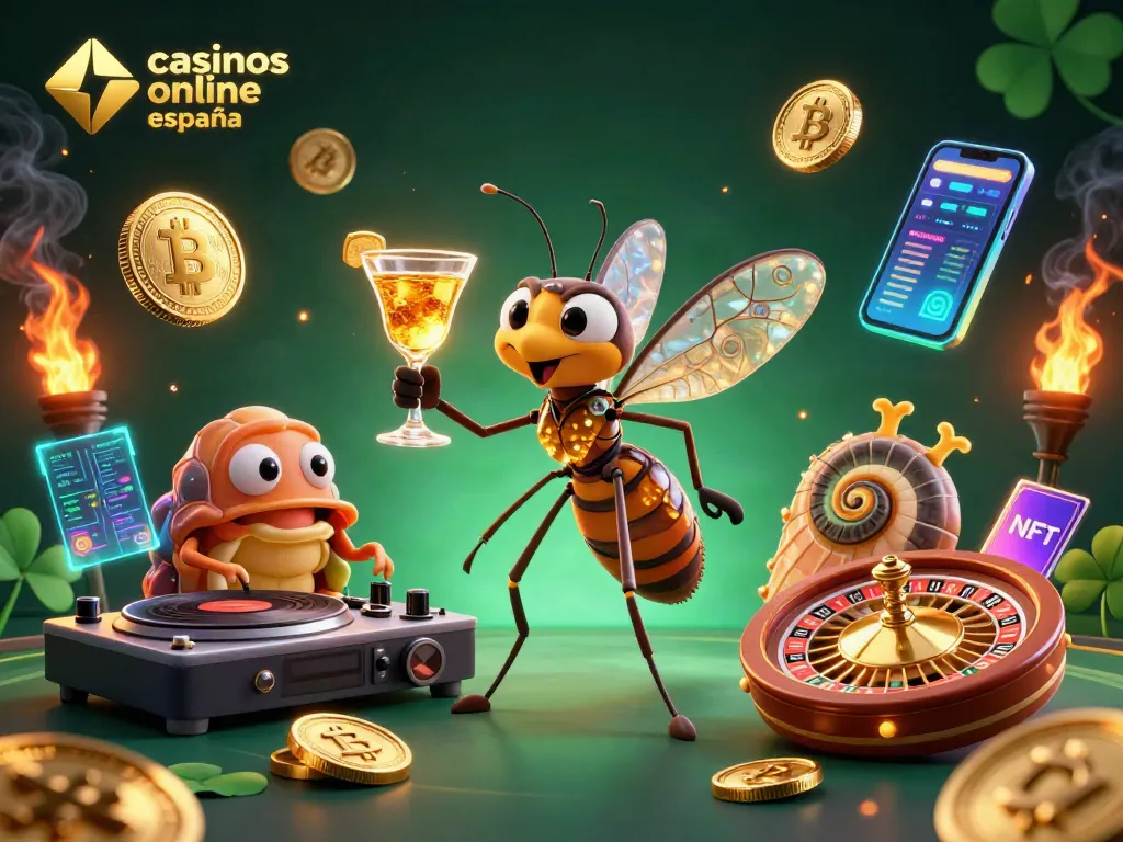 Ilumina la diversión en casinos online España con una ruleta dorada y personajes dinámicos.