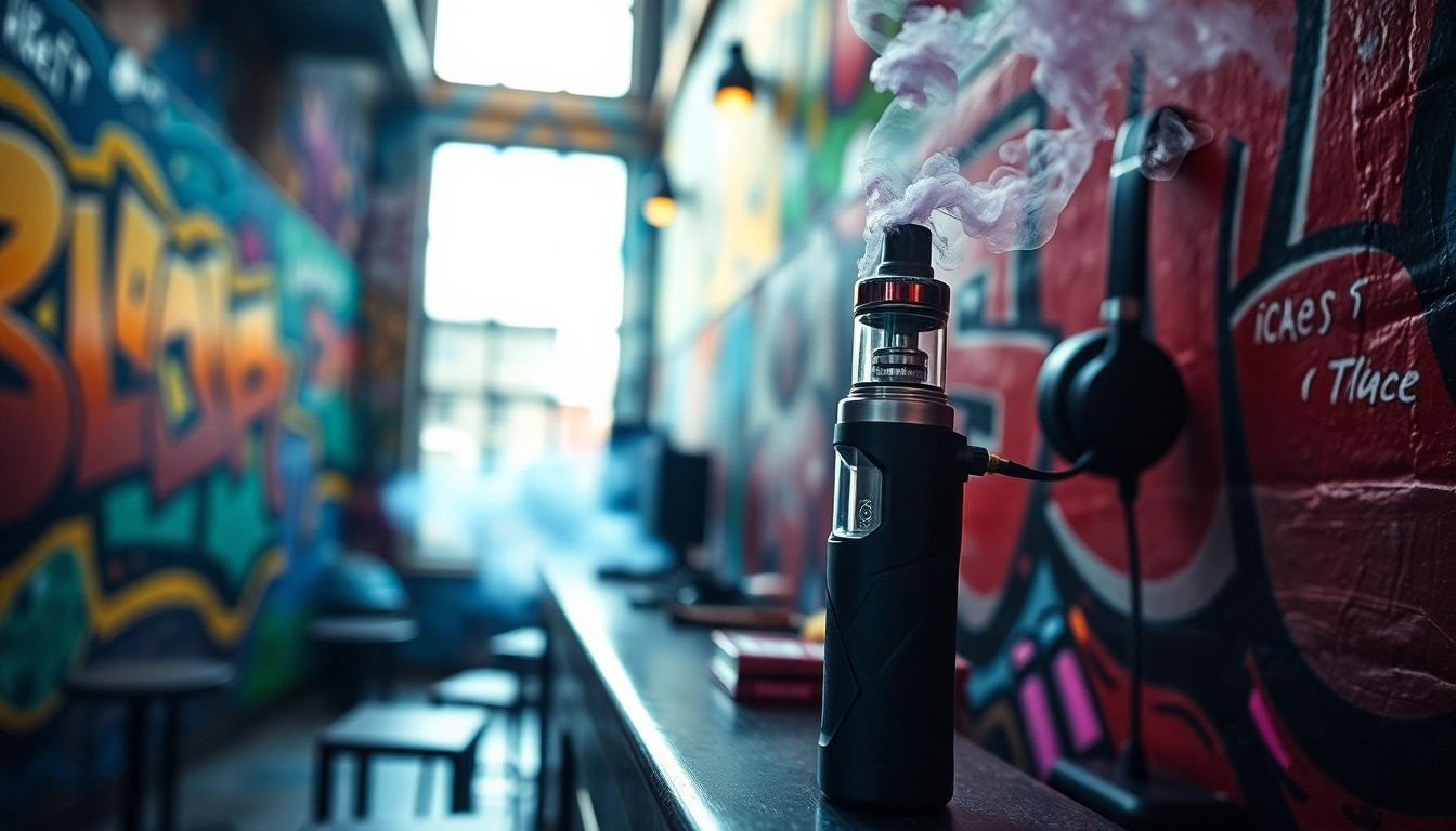 Vaping an esco bar vape surrounded by vibrant graffiti in an urban setting.