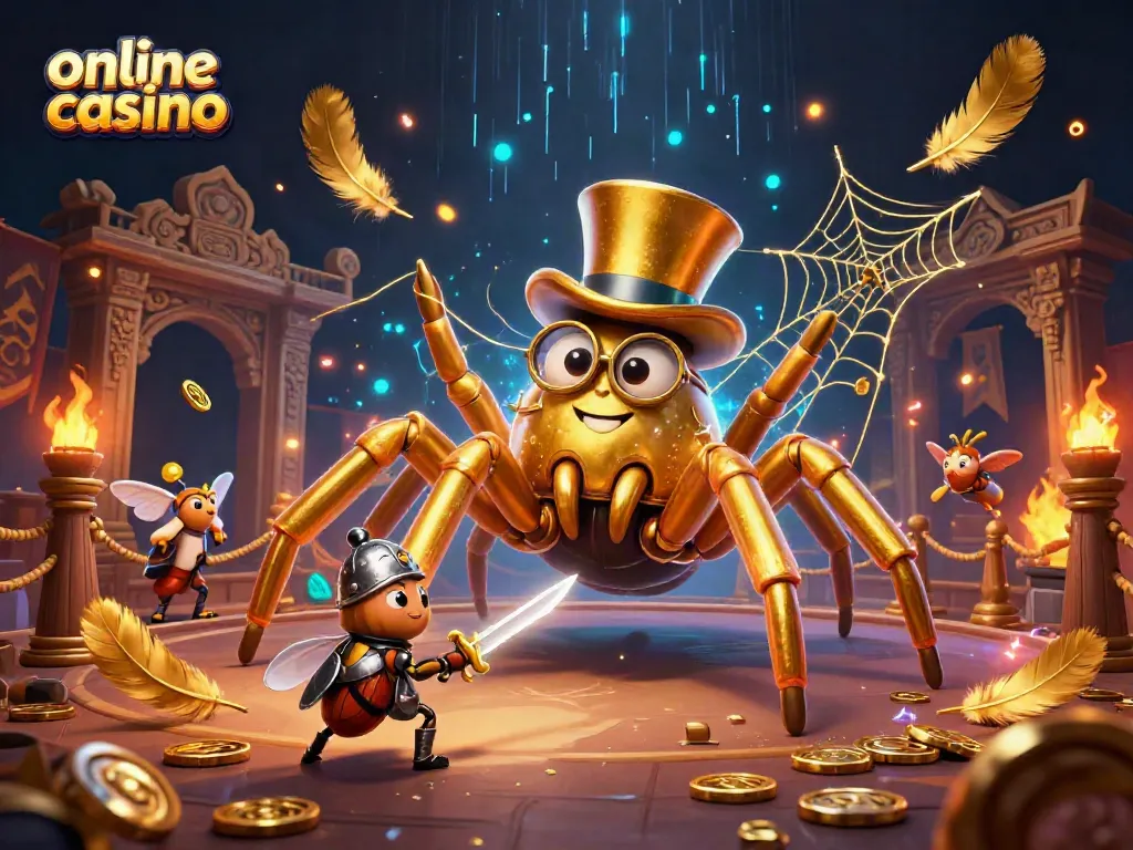 Juega en el emocionante casino online mientras observas la araña dorada y un caballero pequeño de escudo, rodeados de monedas y efectos visuales impactantes.