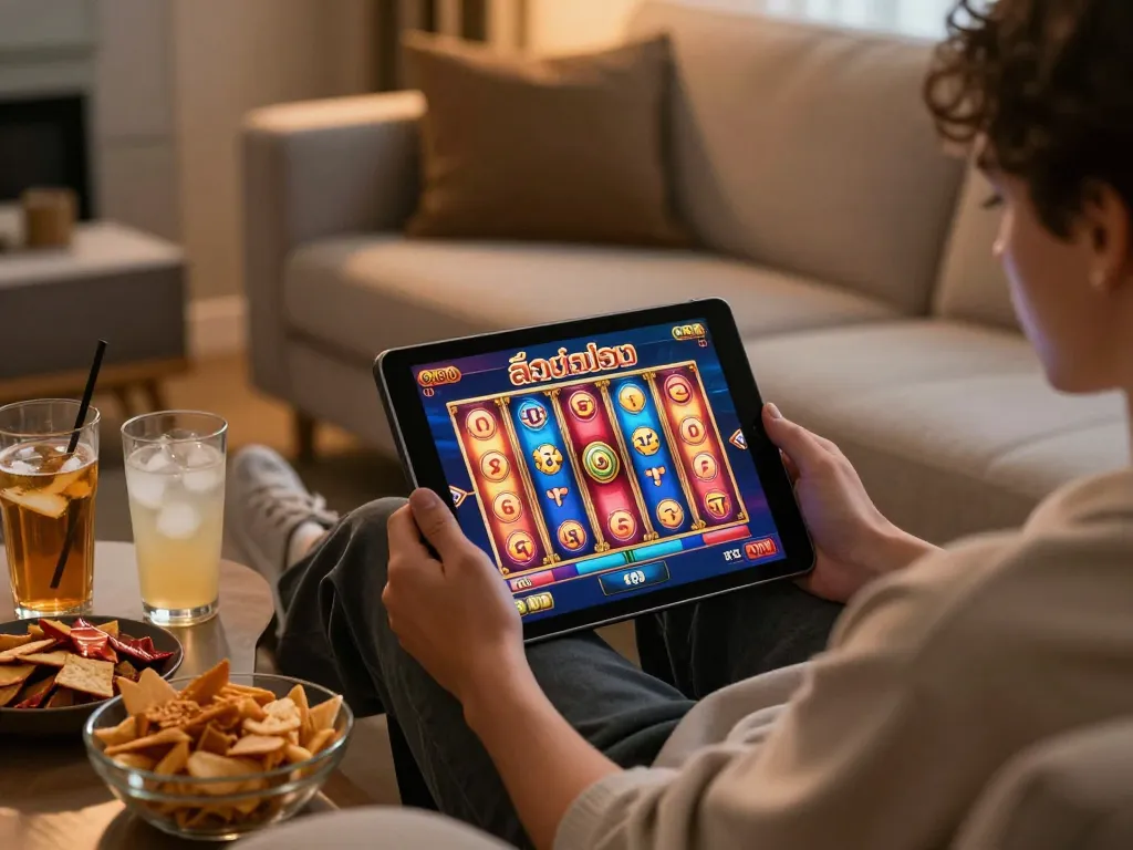 Engaging gaming moment with สล็อตวอเลท on a tablet, showcasing cozy home entertainment.