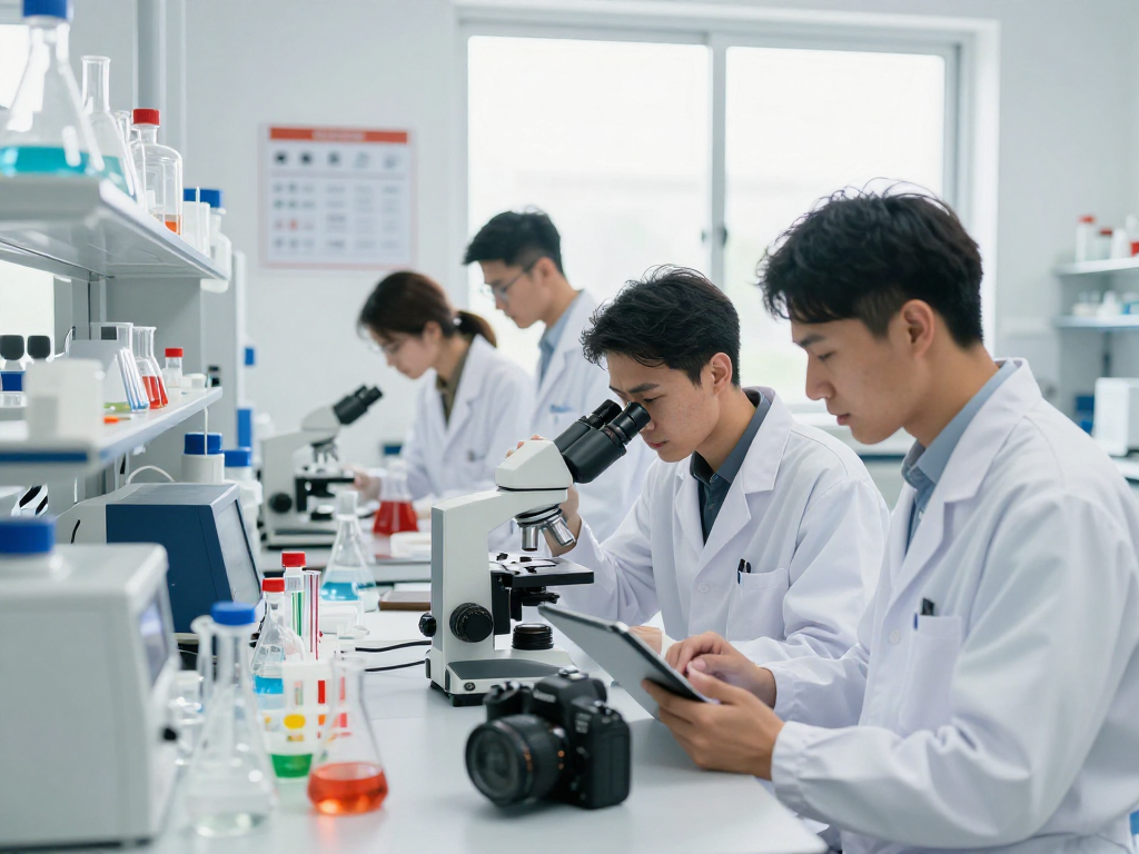 Team of scientists at ozonchemical.com collaborating in a professional lab setting, focusing on chemical analysis and safety.