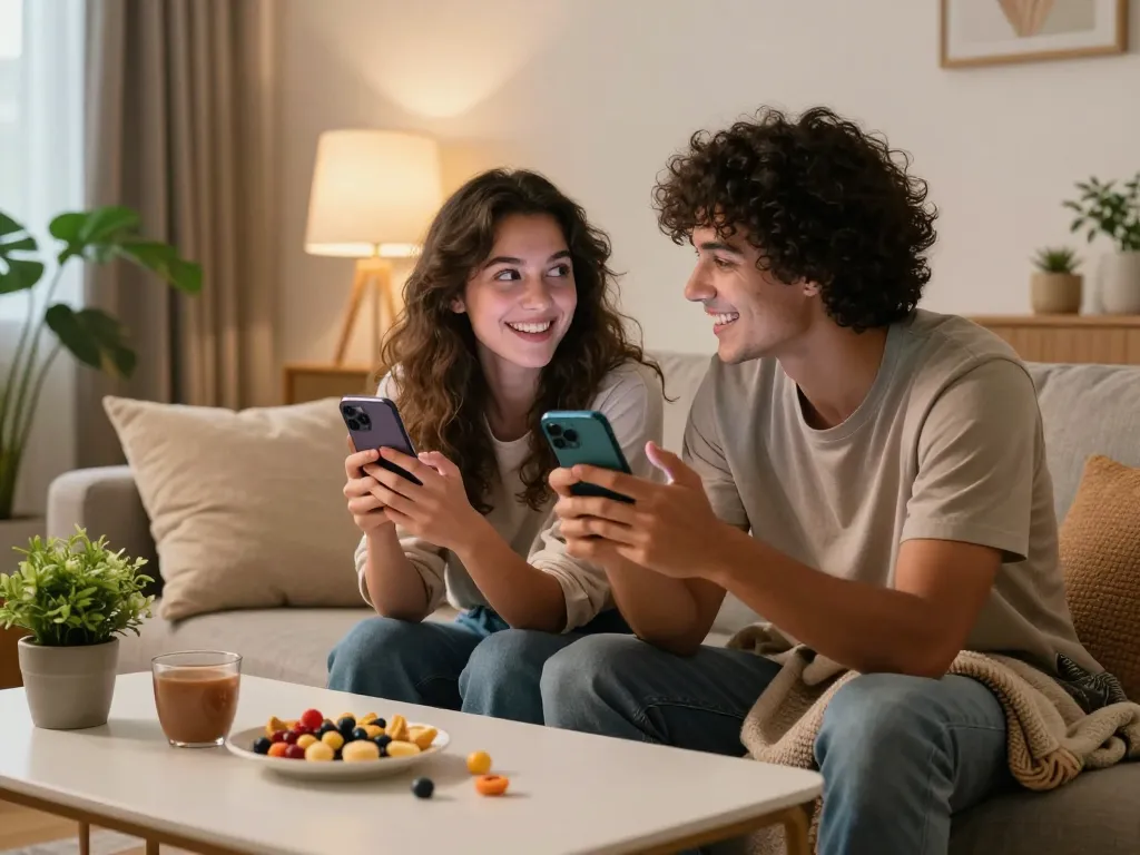 Couple enjoying sexting AI interactions in cozy living room with playful atmosphere.