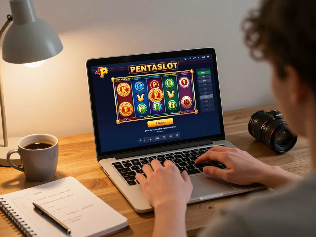 Pentaslot login interface displayed on a laptop during an online casino session, showcasing engaging slot gameplay.