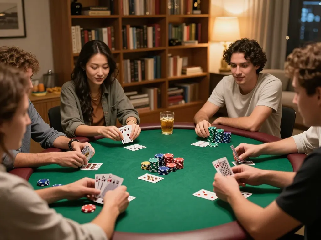 Players enjoying a poker night at home, emphasizing strategic gameplay in a cozy, inviting setting