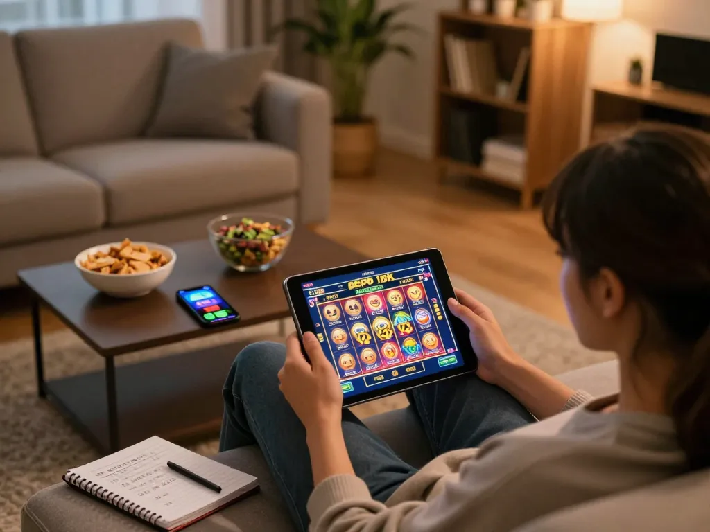 Engaging in slot depo 10k gameplay on a tablet at home, showcasing vibrant gaming environment.