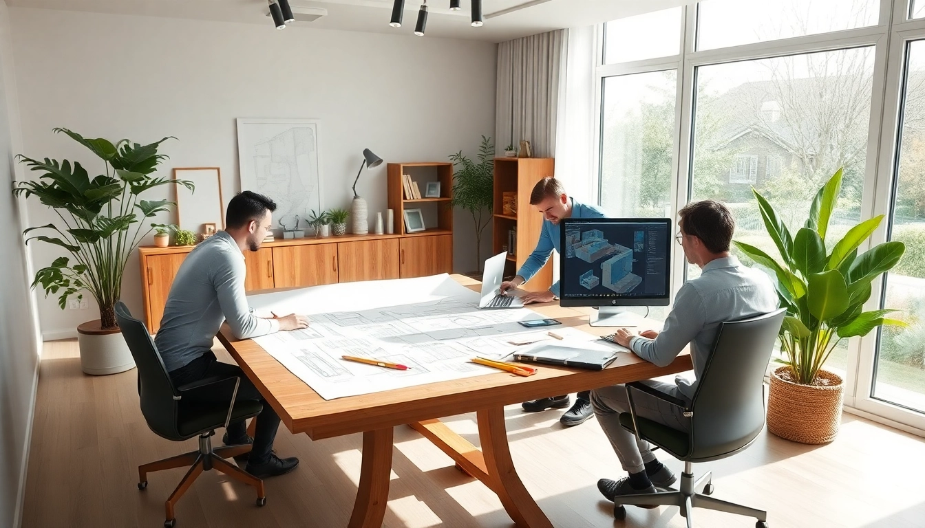 Residential architects for home renovation collaborating in a bright design studio with blueprints.
