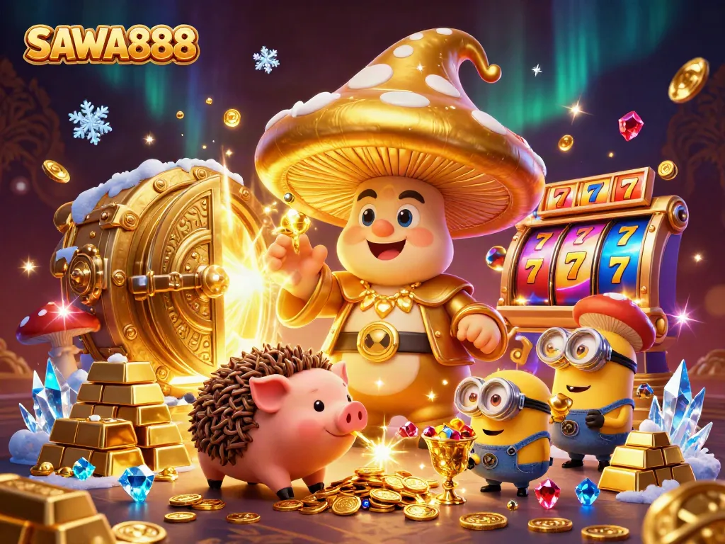 SAWA888's magical scene with a golden mushroom wizard and slot elements illuminating treasure
