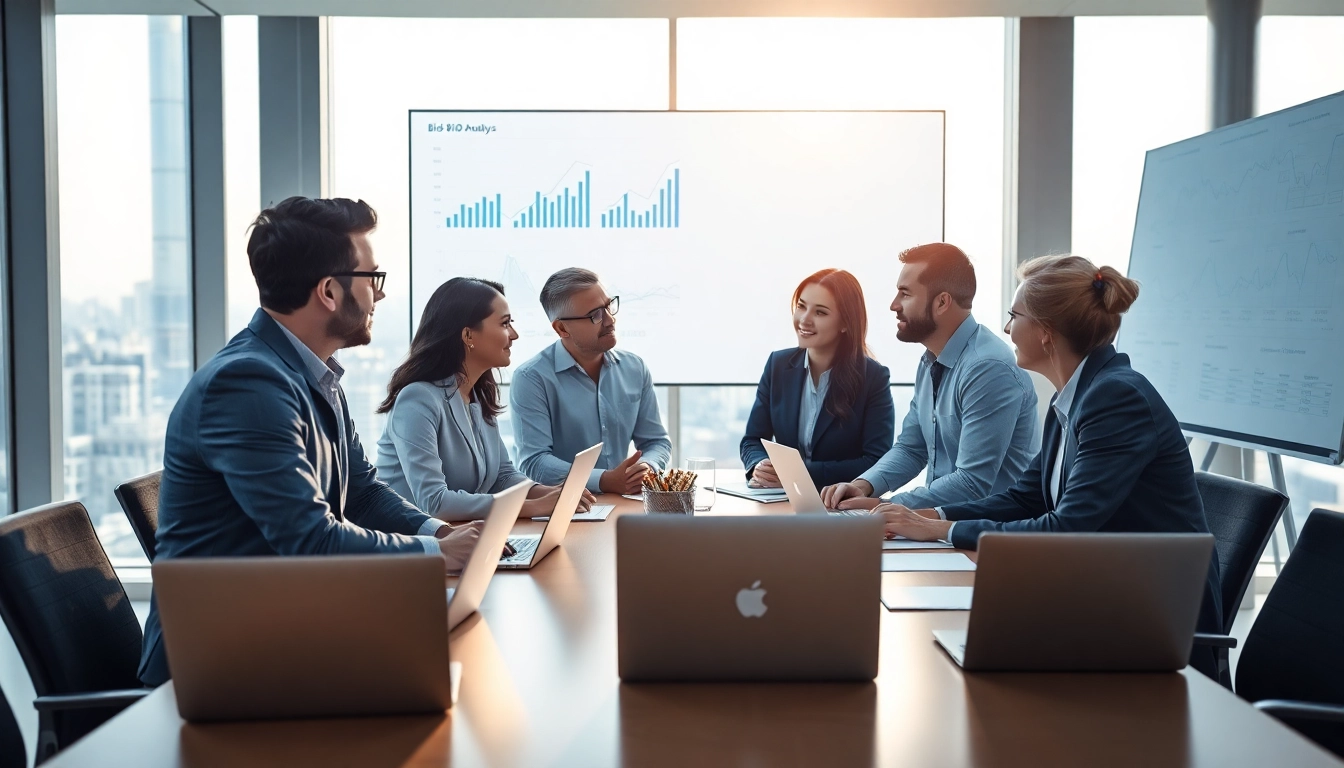 Engaged team conducting Bid-No-Bid Analysis. in a modern office with data visuals.