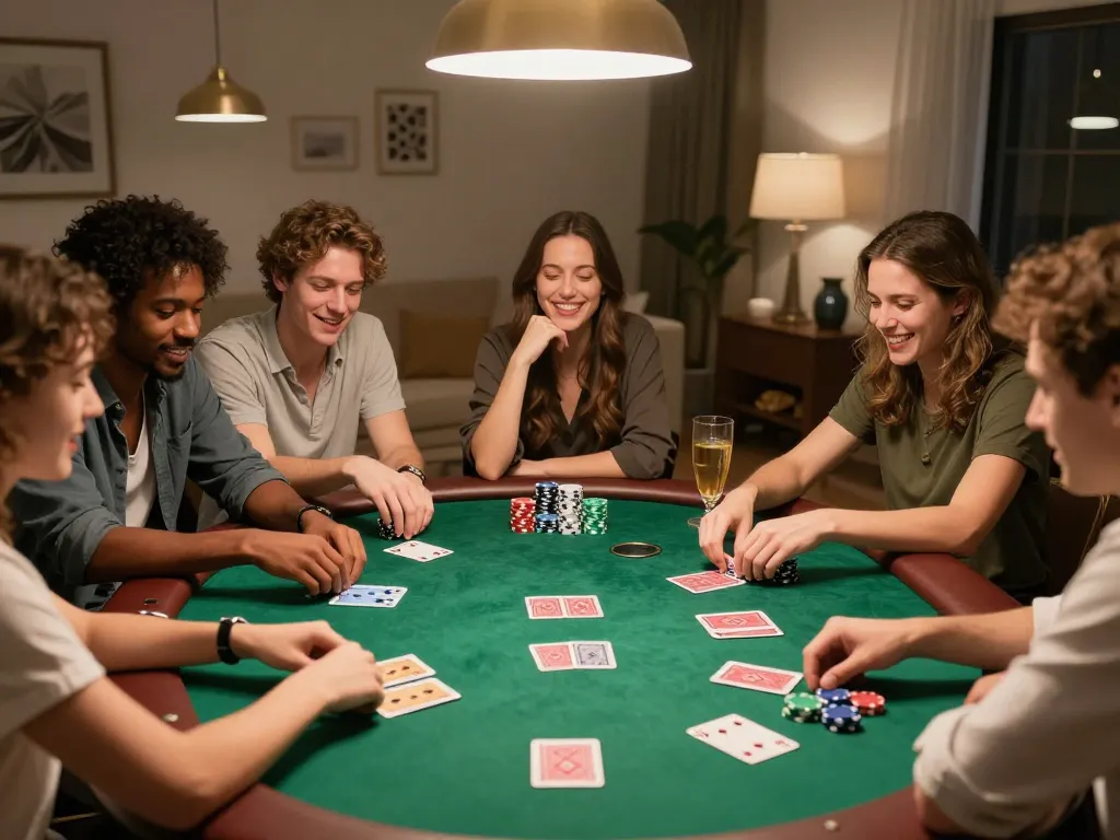 Friends enjoying a lively poker game at home, showcasing rokok88's friendly competition and strategic gameplay.
