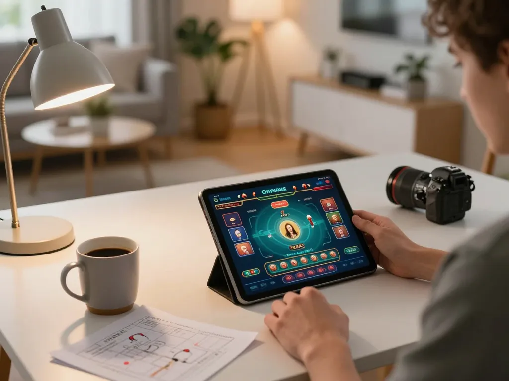 Playing casino online stranieri sicuri on a tablet in a cozy home setting, highlighting responsible gameplay.