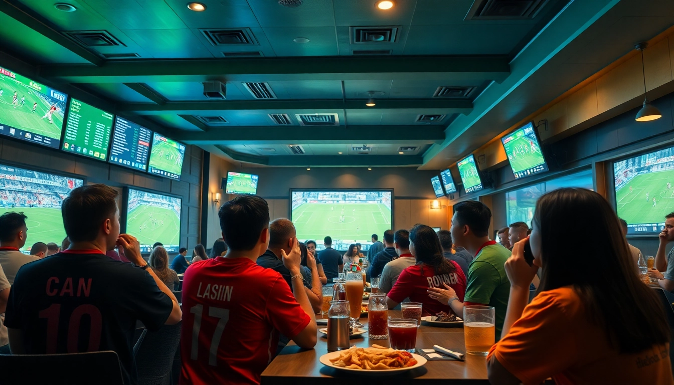 Exciting sports betting scene capturing kèo nhà cái action in a vibrant bar.