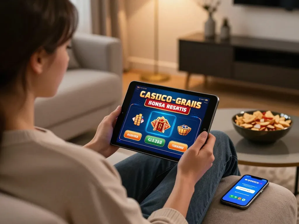 Playing giochi casino gratis senza registrazione on a tablet in a cozy home environment, warmth and comfort evident in the scene