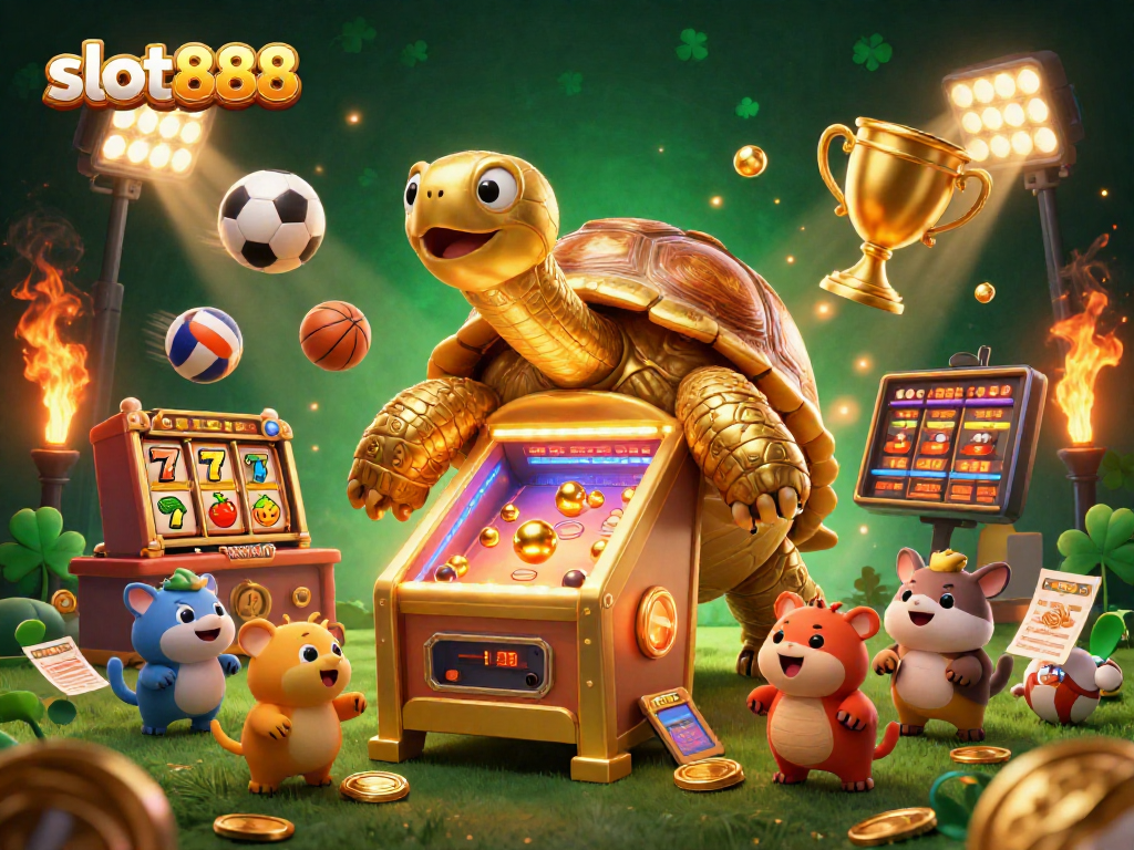Menangkan slot888 dengan permainan mesin slot warna-warni dan simbol keberuntungan dalam ilustrasi menarik.