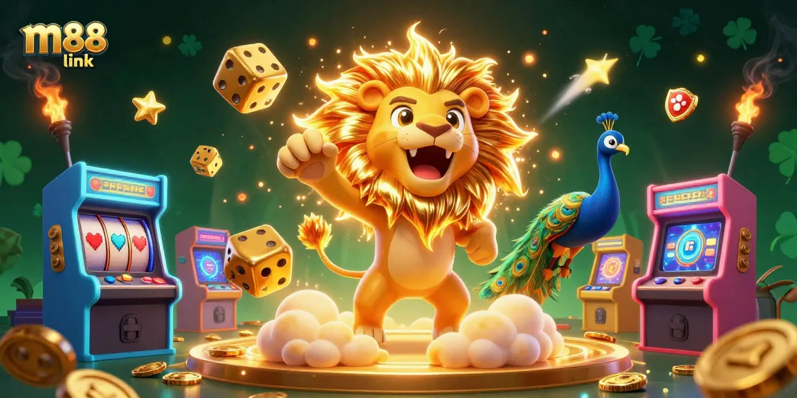 Win big with m88 link, featuring an energetic 3D scene of a roaring lion and vibrant casino elements.