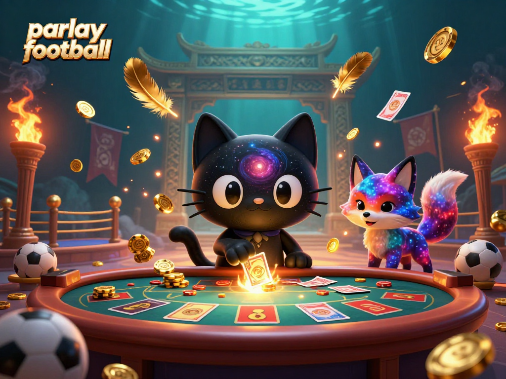 Engage in the excitement of parlay football with a dynamic casino-themed cosmic scene featuring character-driven gambling elements.