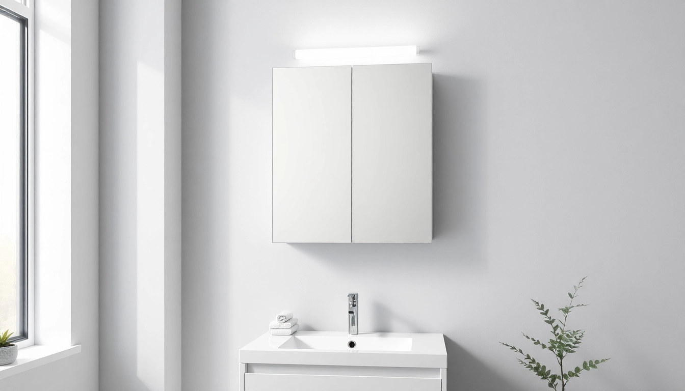 Stylish bathroom cabinet with mirror and light illuminating a modern bathroom space.